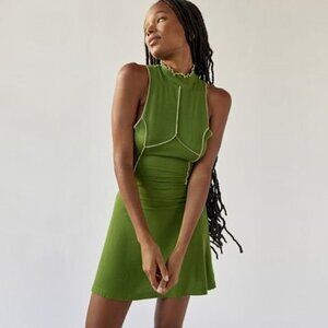Green Sleeveless Ruffle-Trim Mini Dress